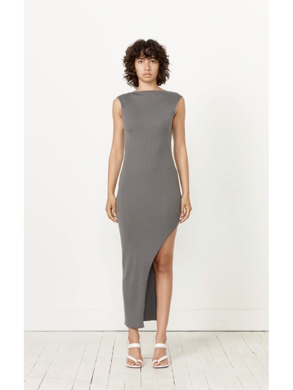 St Agni Cut Away Knit Maxi Dress M Stone Grey Ribbed NWT
